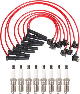 01110608 Ena Set Of 8 Platinum Spark Plug And Red Wire Compatible With Ford